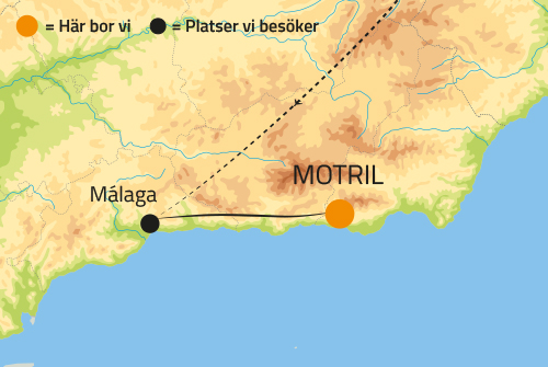 Geografisk karta ver Andalusien och Motril p MBra-resa till Spanien.